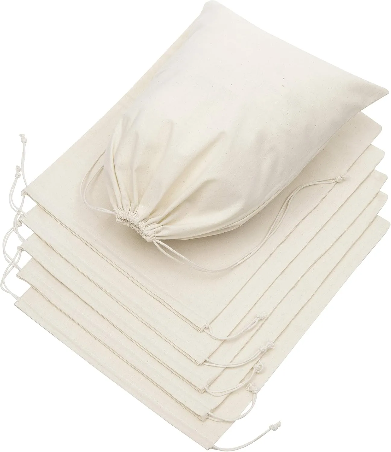 100 Percent Cotton Drawstring Bags, Reusable Quality with Double String, For Pantry Kitchen Storage Shoes - Pack of 6 (Natural Beige, 12 x 16 Inch)