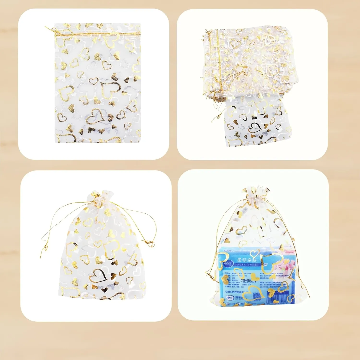 100pcs 7 x 9 Organza Bag, Flower Heart Gift Pouch for Jewelry, Candy, Wedding Favor