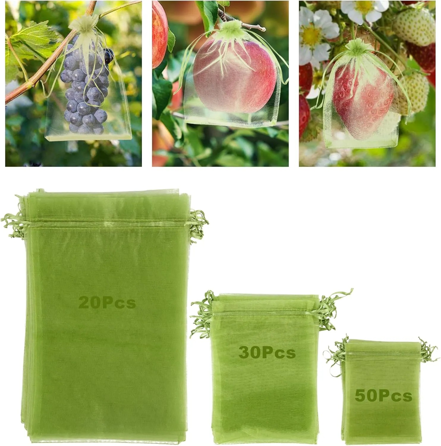 100PCS Fruit Protection Bags Green Netting Cover Bags Reusable Drawstring Mesh Fruit Protectors for Mangoes Tomatoes Fruit Trees Veggies Garden Plant Flower(4 x 6, 6 x 8, 8 x 12inch)