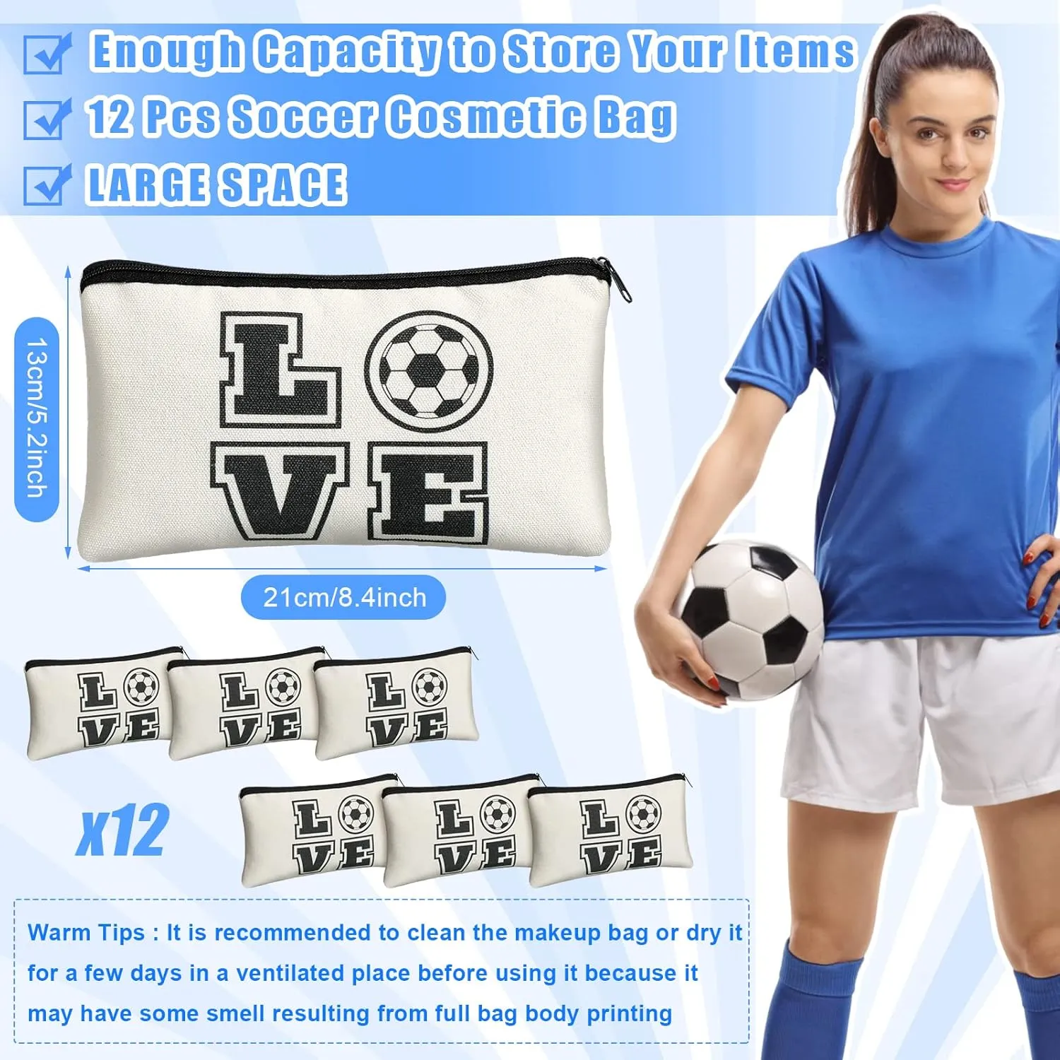 12 Pieces Soccer Makeup Bag Cosmetic Bag with Words Soccer Travel Storage Portable Storage Case Toiletry Accessories with Zippers for Players Teams Women Girls