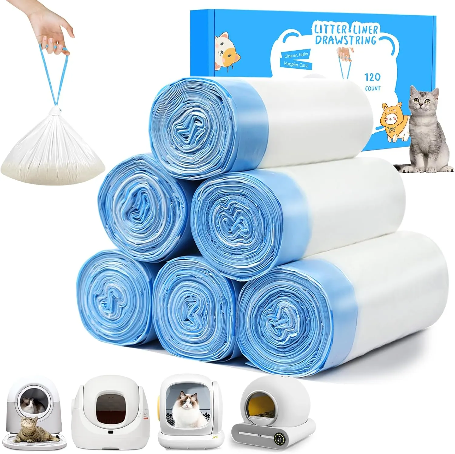 120 Count Cat Litter Bags for Automatic Litter Box, Extra-Thick Drawstring Bags for MeoWant MW-SC01 and MW-SC02, Self-Cleaning Box Liners, 19.7" x 17.7"