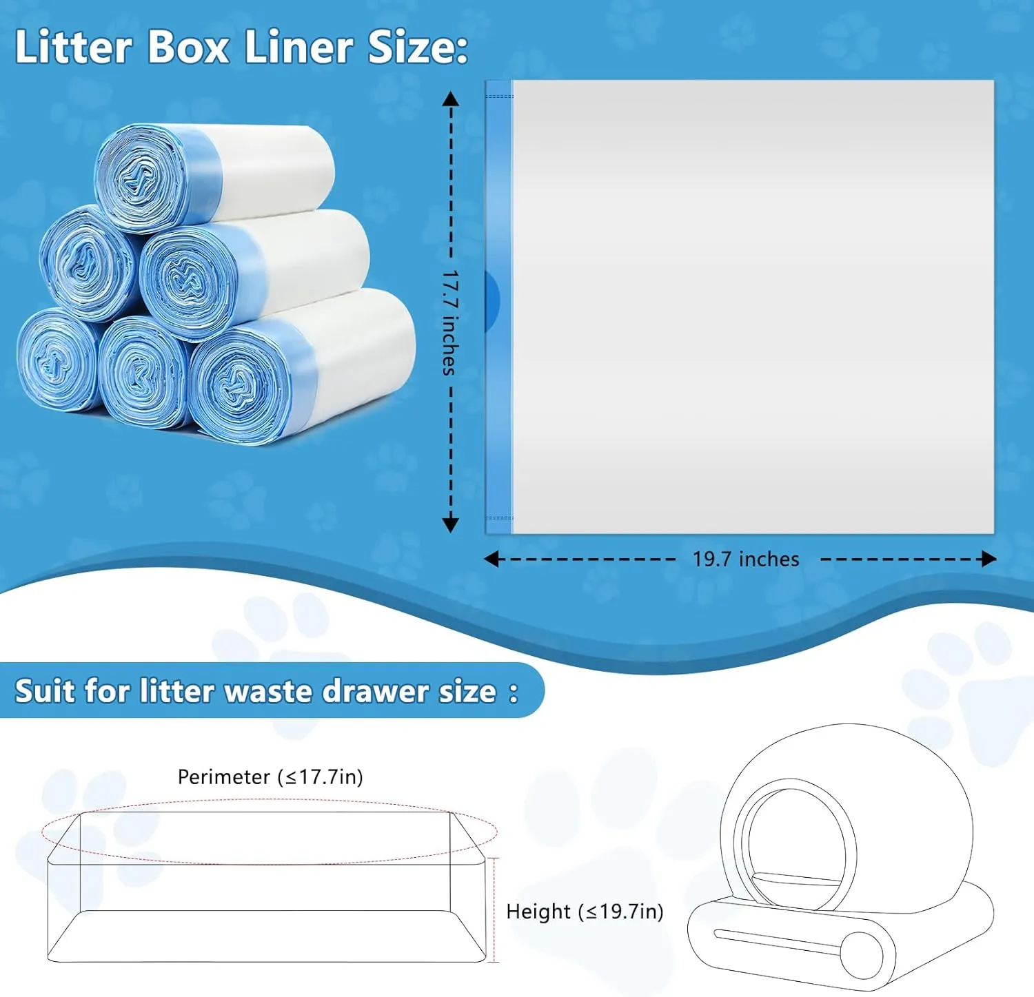 120 Count Cat Litter Bags for Automatic Litter Box, Extra-Thick Drawstring Bags for MeoWant MW-SC01 and MW-SC02, Self-Cleaning Box Liners, 19.7" x 17.7"