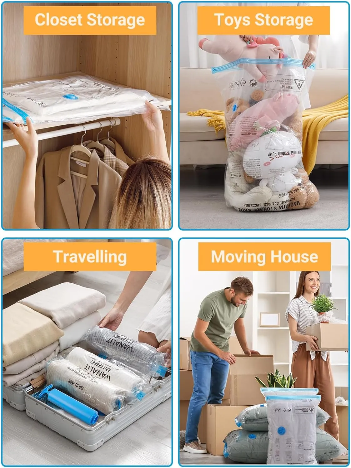 12Pack Small Vacuum Storage Bags, New Air Valve Space Saver Vacuum Sealer Bag for Clothes, Comforters, Blankets, Bedding, Hand Pump Included, Two Vacuum Ways