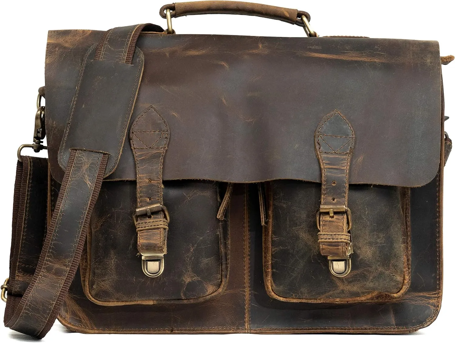 16" Inch Rustic Vintage Retro Buffalo Leather Laptop Messenger Briefcase Satchel Office Bag Men & Women (Distressed Tan)