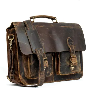 16" Inch Rustic Vintage Retro Buffalo Leather Laptop Messenger Briefcase Satchel Office Bag Men & Women (Distressed Tan)