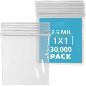 1" X 1" 30,000 Count Clear Plastic Reclosable Zip Bags, Bulk, 2.5 Mil Durable Poly Baggies with Resealable Zip Top Lock for Pills, Meds, Jewelry, Travel, Storage, Packaging & Shipping - GPI