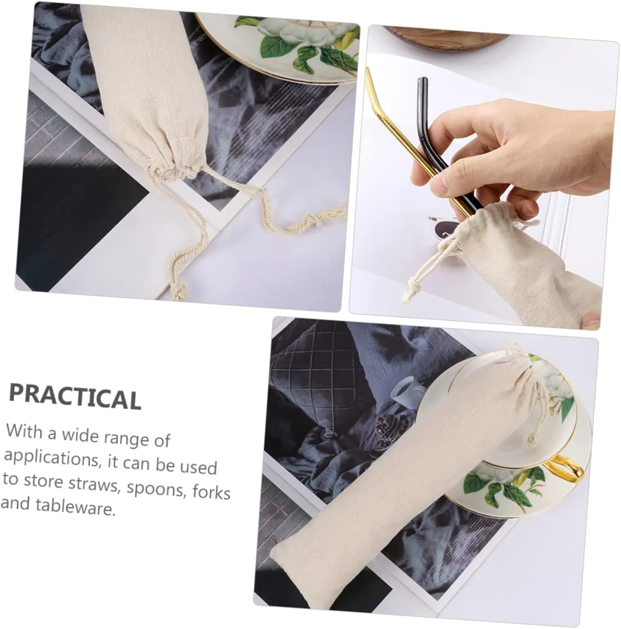 1set Cotton Drawstring Storage Pouch for Straws Cutlery Tableware Dust Beige Bag for Home Party Travel Use 15pcs