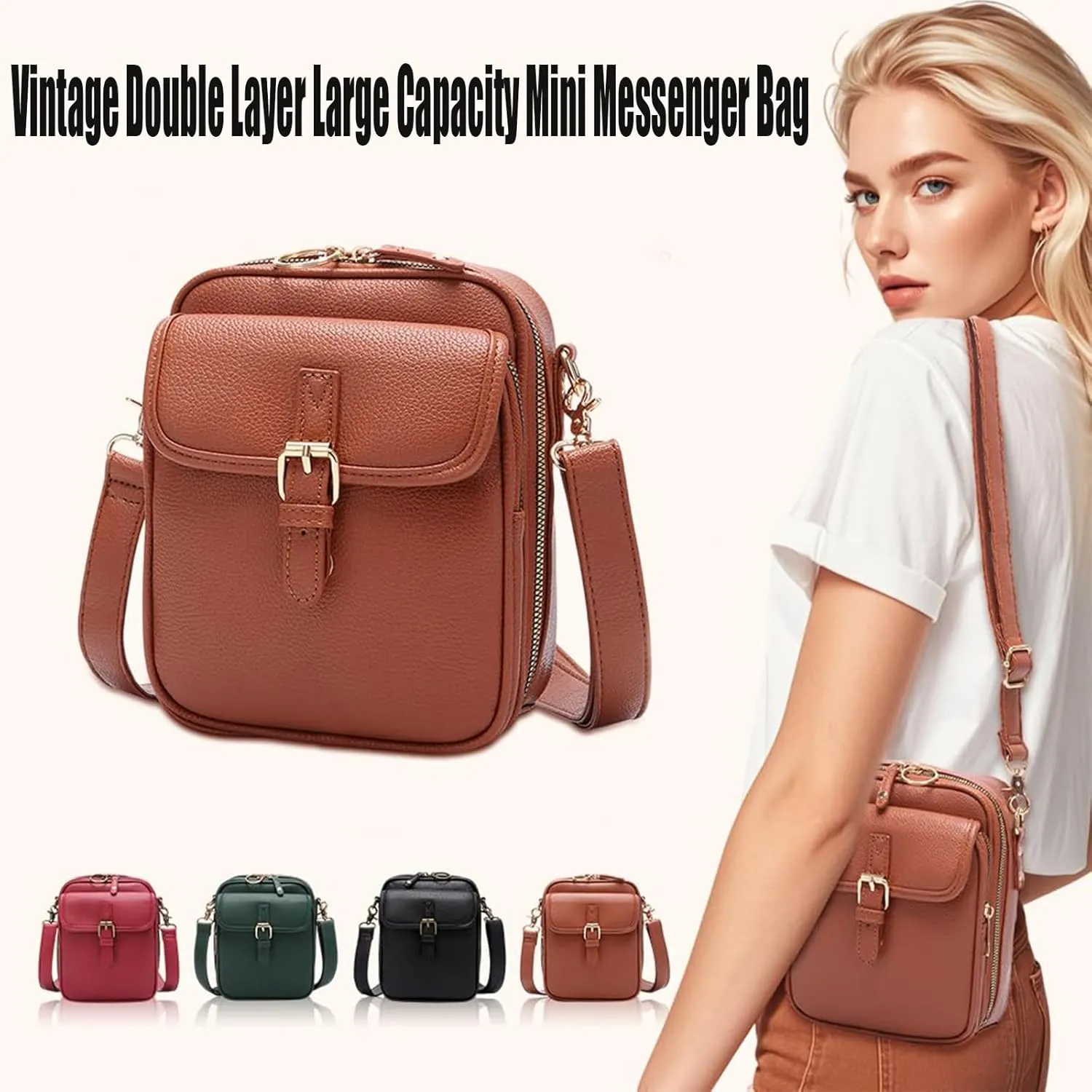 2025 Vintage Double Layer Large Capacity Mini Messenger Bag, Leather Small Purse Crossbody Shoulder Bag for Women Men