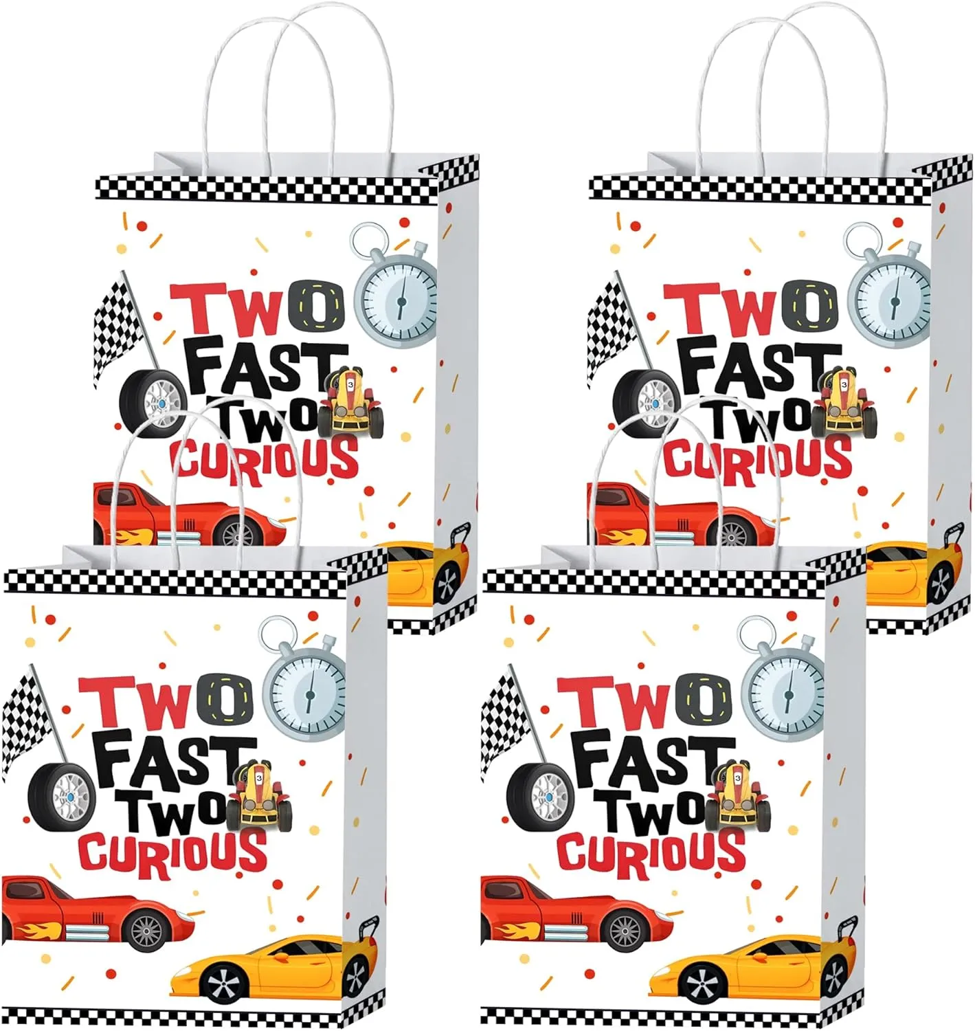 20PCS Two Fast Two Curious Goodie Bags Car Themed Happy 2nd Birthday Party Decorations Baby Shower Racing Car Themed Candy Treat Bags with Handles Cheers to 2 Year Old Birthday Party Decor Sign