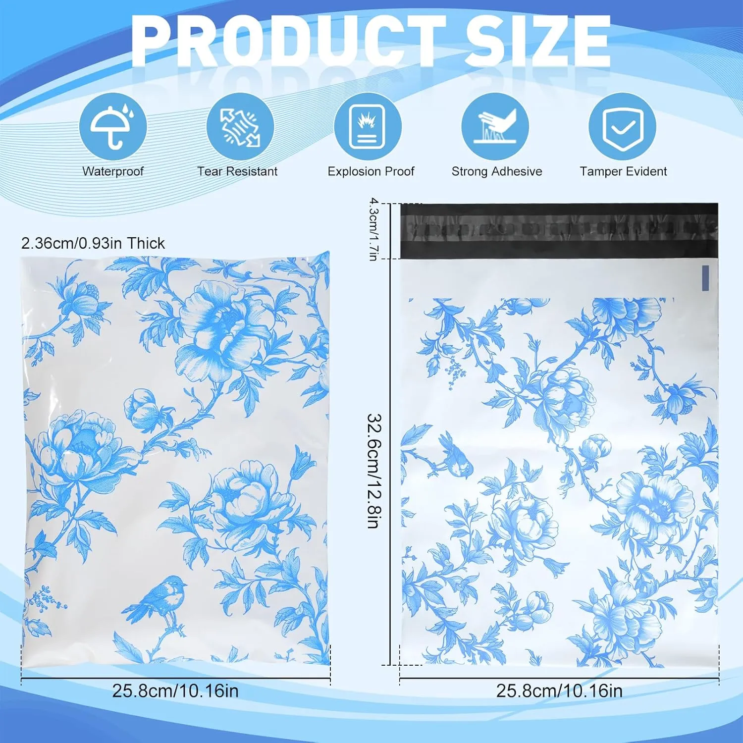 25 Pack 3.15 mil Blue Floral Chinoiserie Biodegradable Poly Mailers 10x13 Inch Flat Shipping Bags Self-Seal Thick Envelope Packaging Bag Envelopes for Small Business Shipping Supplies
