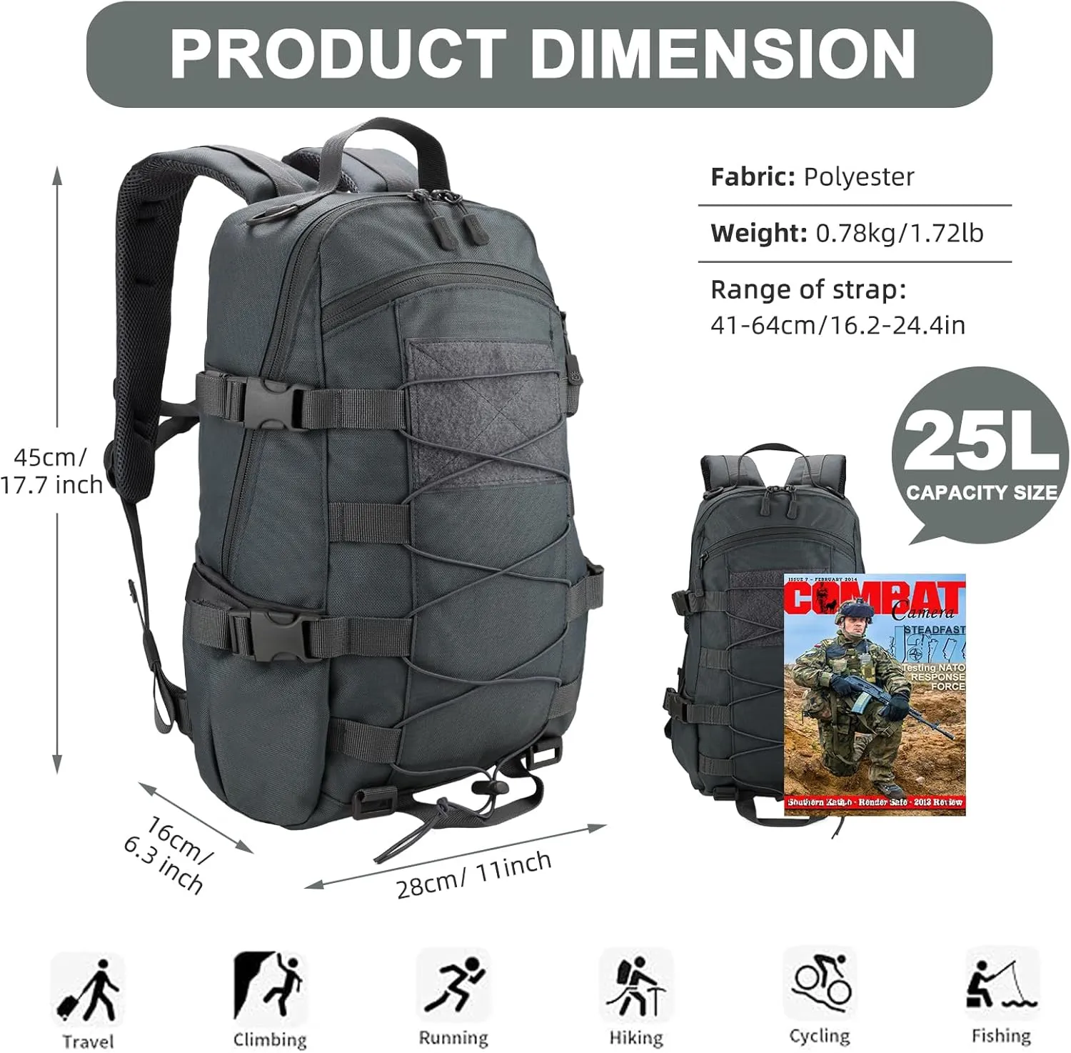 25L Hiking Backpack Lightweight Small Daypack Molle Pack for Men Women Outdoor Camping Traveling, Grey