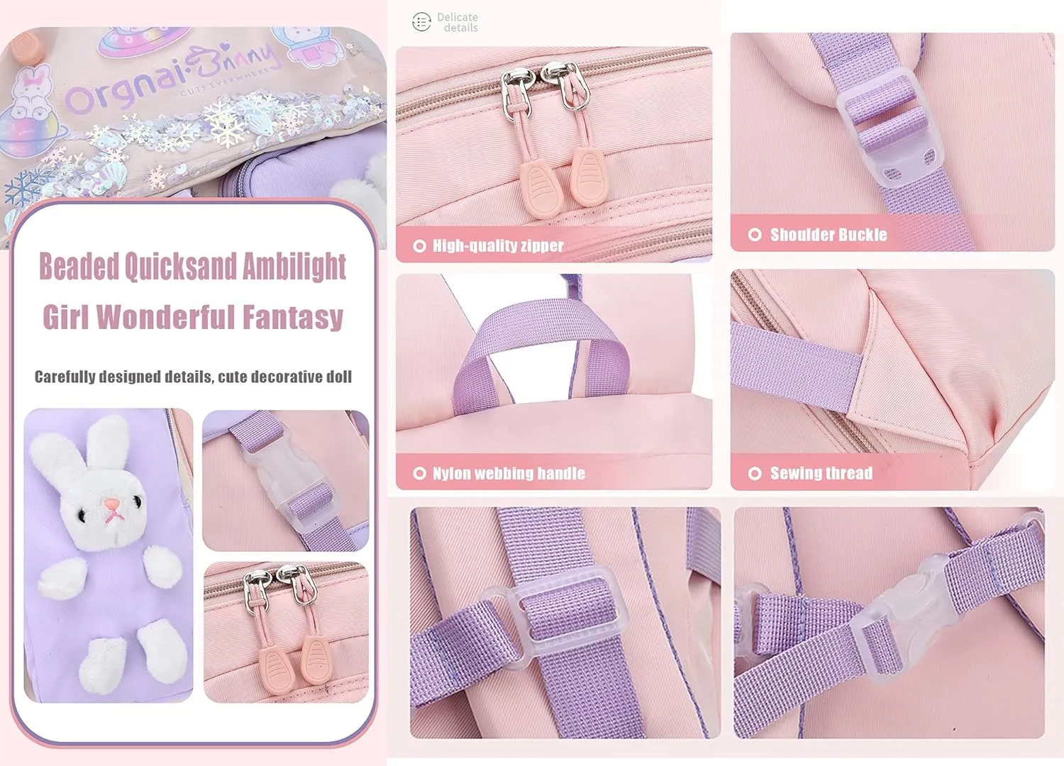 2PCS Kawaii Backpack Set with Lunch Bag,17.7inch Bunny Backpacks for Girls Large Capacity Aesthetic School Bag Cute Bookbags with Beaded Quicksand Pocket & Rabbit Doll,Pink