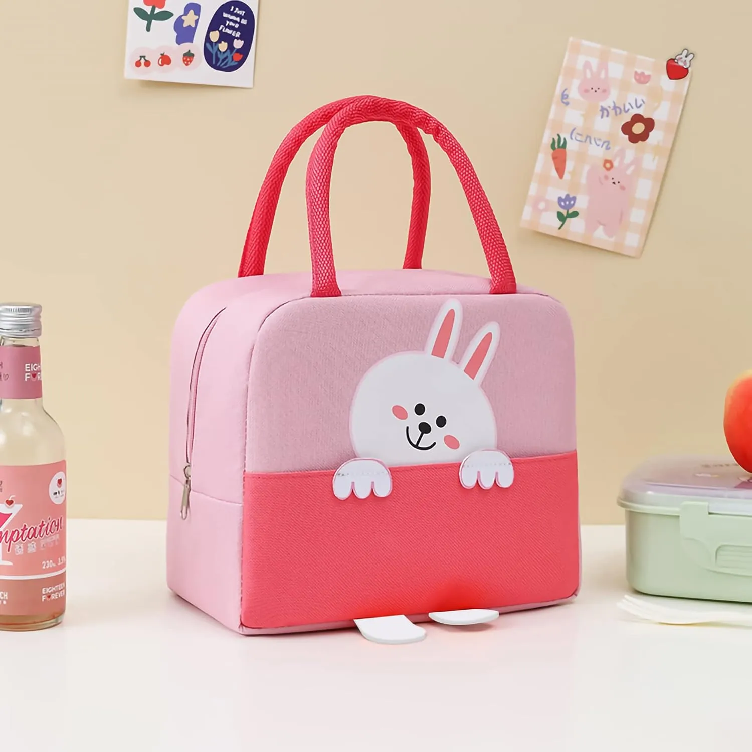 2PCS Kawaii Backpack Set with Lunch Bag,17.7inch Bunny Backpacks for Girls Large Capacity Aesthetic School Bag Cute Bookbags with Beaded Quicksand Pocket & Rabbit Doll,Pink