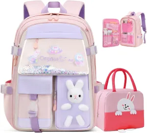 2PCS Kawaii Backpack Set with Lunch Bag,17.7inch Bunny Backpacks for Girls Large Capacity Aesthetic School Bag Cute Bookbags with Beaded Quicksand Pocket & Rabbit Doll,Pink