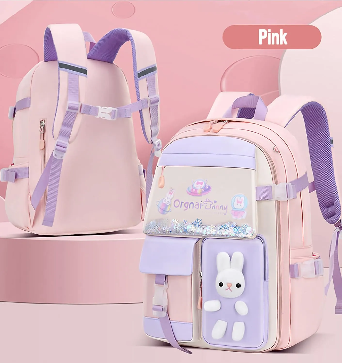 2PCS Kawaii Backpack Set with Lunch Bag,17.7inch Bunny Backpacks for Girls Large Capacity Aesthetic School Bag Cute Bookbags with Beaded Quicksand Pocket & Rabbit Doll,Pink