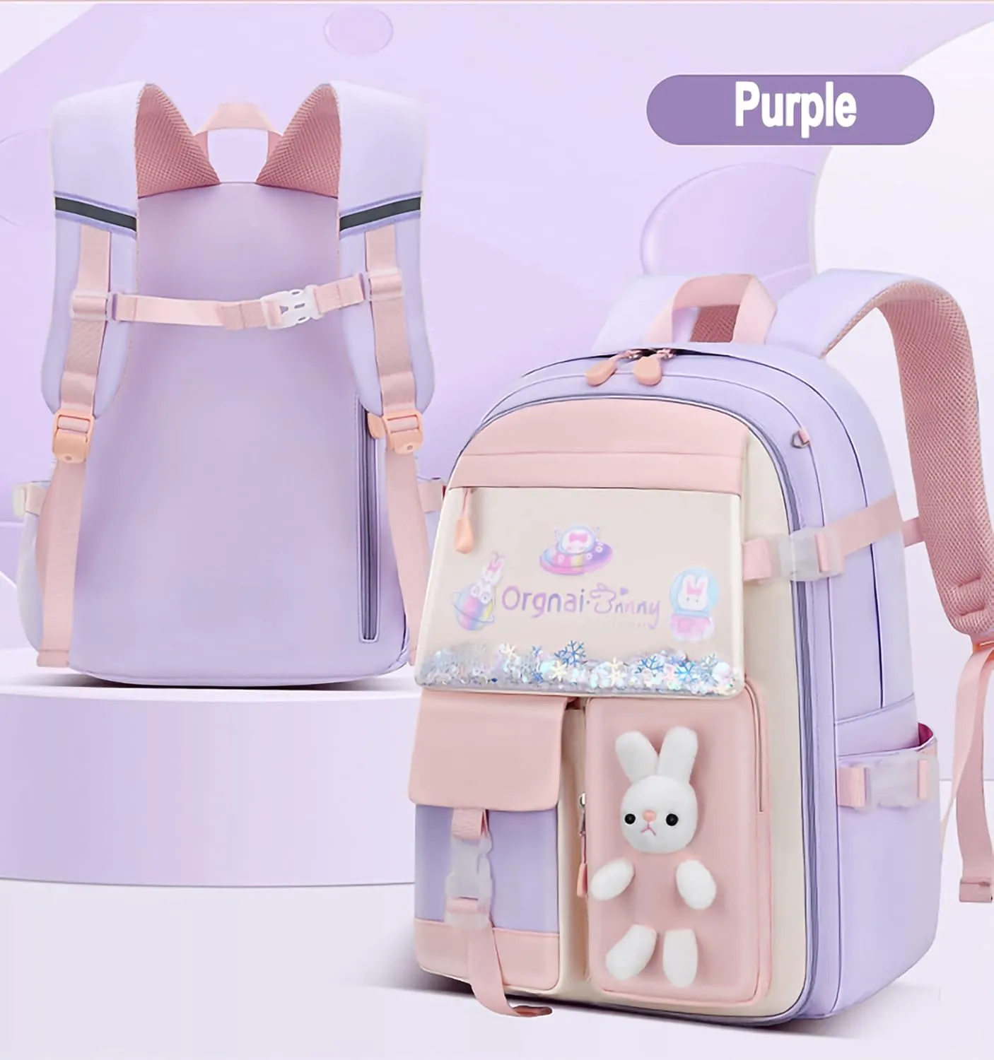 2PCS Kawaii Backpack Set with Lunch Bag,17.7inch Bunny Backpacks for Girls Large Capacity Aesthetic School Bag Cute Bookbags with Beaded Quicksand Pocket & Rabbit Doll,Purple