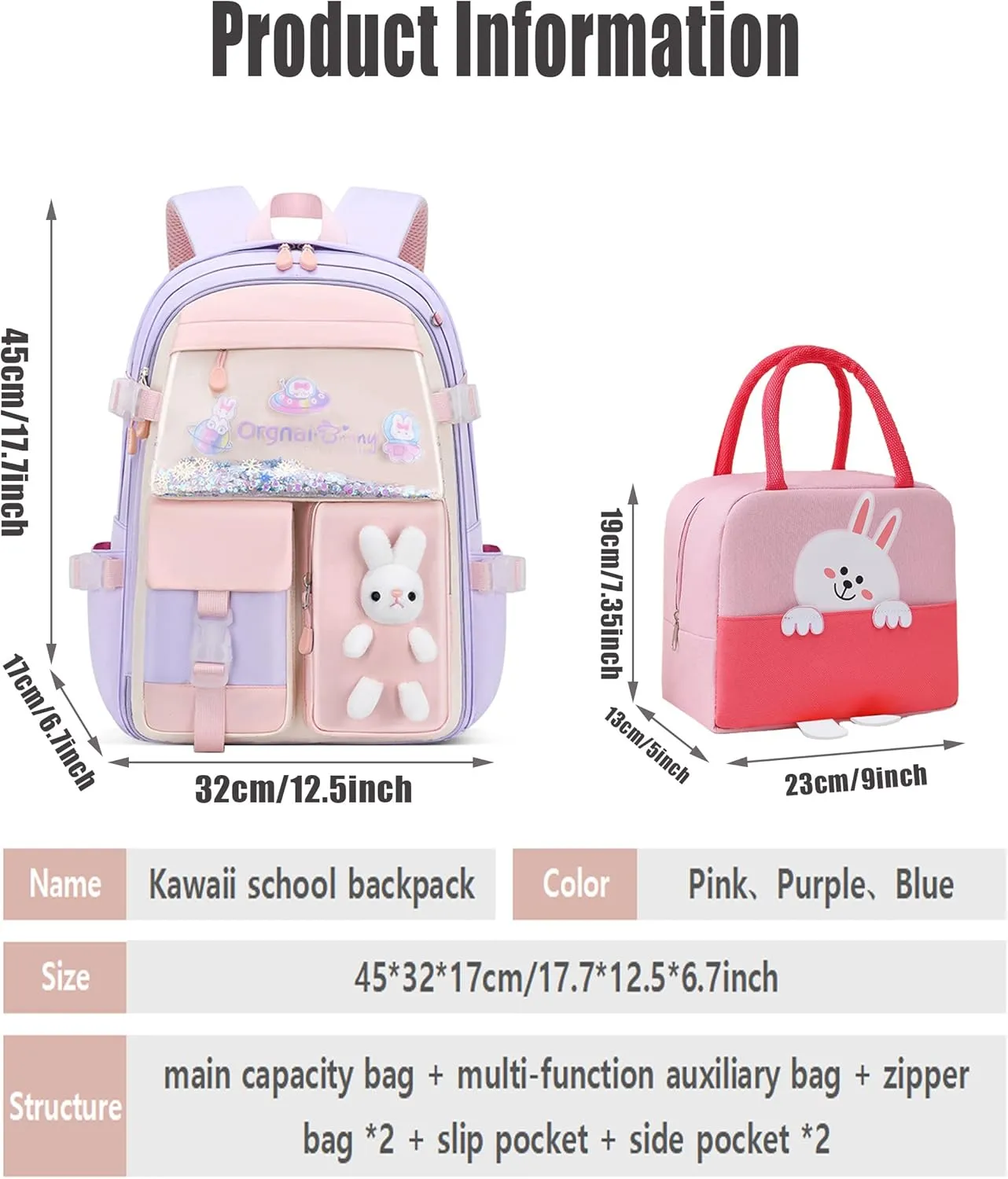 2PCS Kawaii Backpack Set with Lunch Bag,17.7inch Bunny Backpacks for Girls Large Capacity Aesthetic School Bag Cute Bookbags with Beaded Quicksand Pocket & Rabbit Doll,Purple