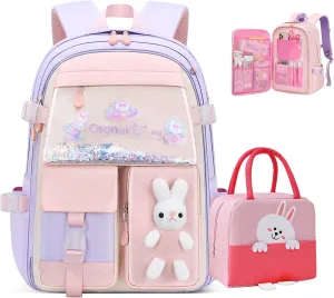 2PCS Kawaii Backpack Set with Lunch Bag,17.7inch Bunny Backpacks for Girls Large Capacity Aesthetic School Bag Cute Bookbags with Beaded Quicksand Pocket & Rabbit Doll,Purple
