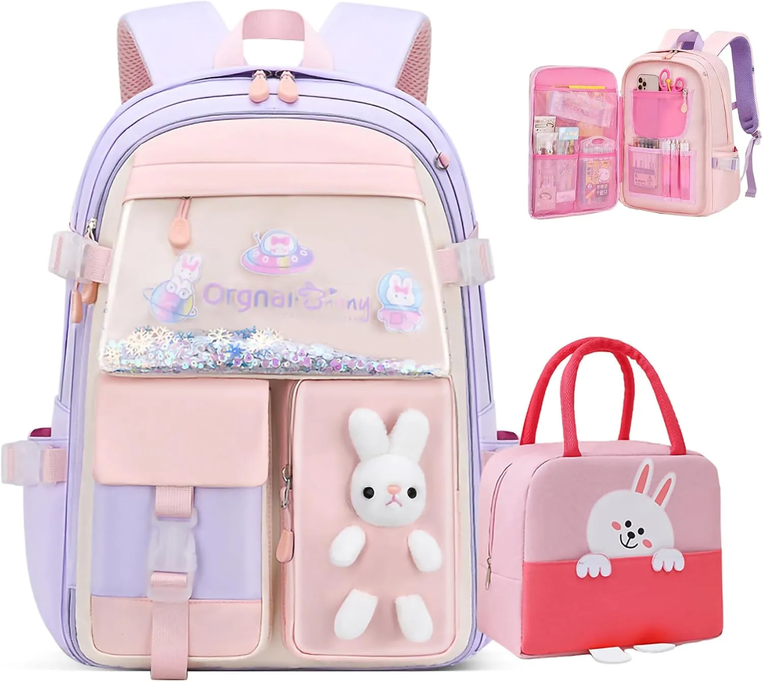2PCS Kawaii Backpack Set with Lunch Bag,17.7inch Bunny Backpacks for Girls Large Capacity Aesthetic School Bag Cute Bookbags with Beaded Quicksand Pocket & Rabbit Doll,Purple