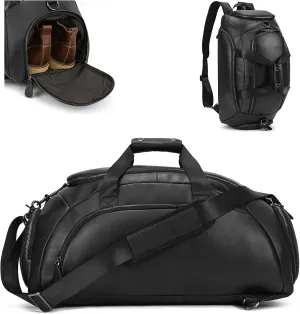 3 in 1 Genuine Leather Travel Bag Garment Duffel Bags, Versatile Convertible Backpack Carry on Gym Handbag with Shoe Compartment Shoulder Bag for Adult Men & Women, Black