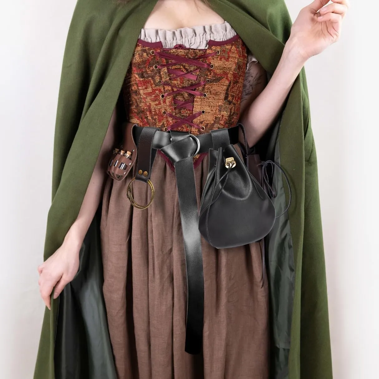 3 Pcs Halloween Renaissance Belt Pouch Coin Purse Phone Holder Skirt Hikes Medieval Viking Pirate Leather Belt Costume Sets (Black)