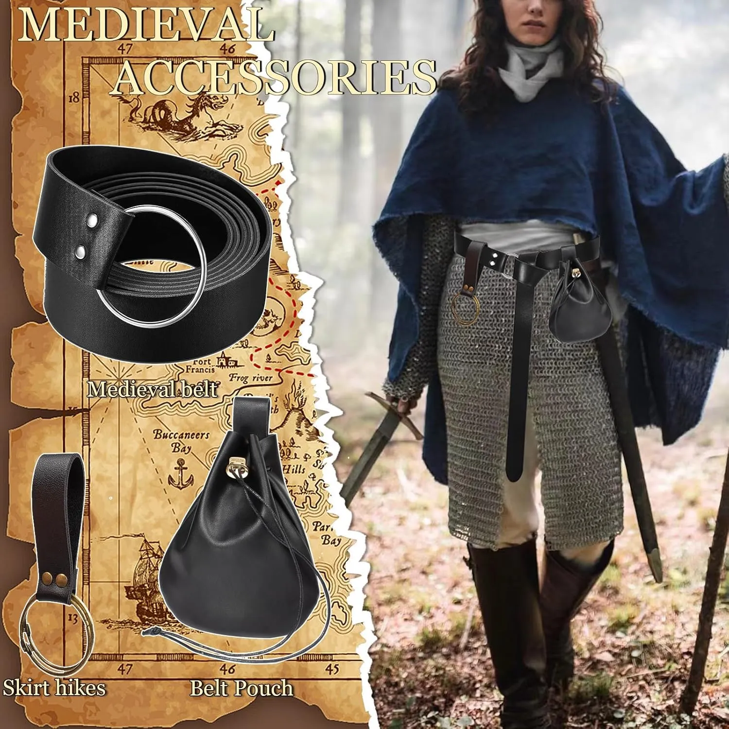 3 Pcs Halloween Renaissance Belt Pouch Coin Purse Phone Holder Skirt Hikes Medieval Viking Pirate Leather Belt Costume Sets (Black)