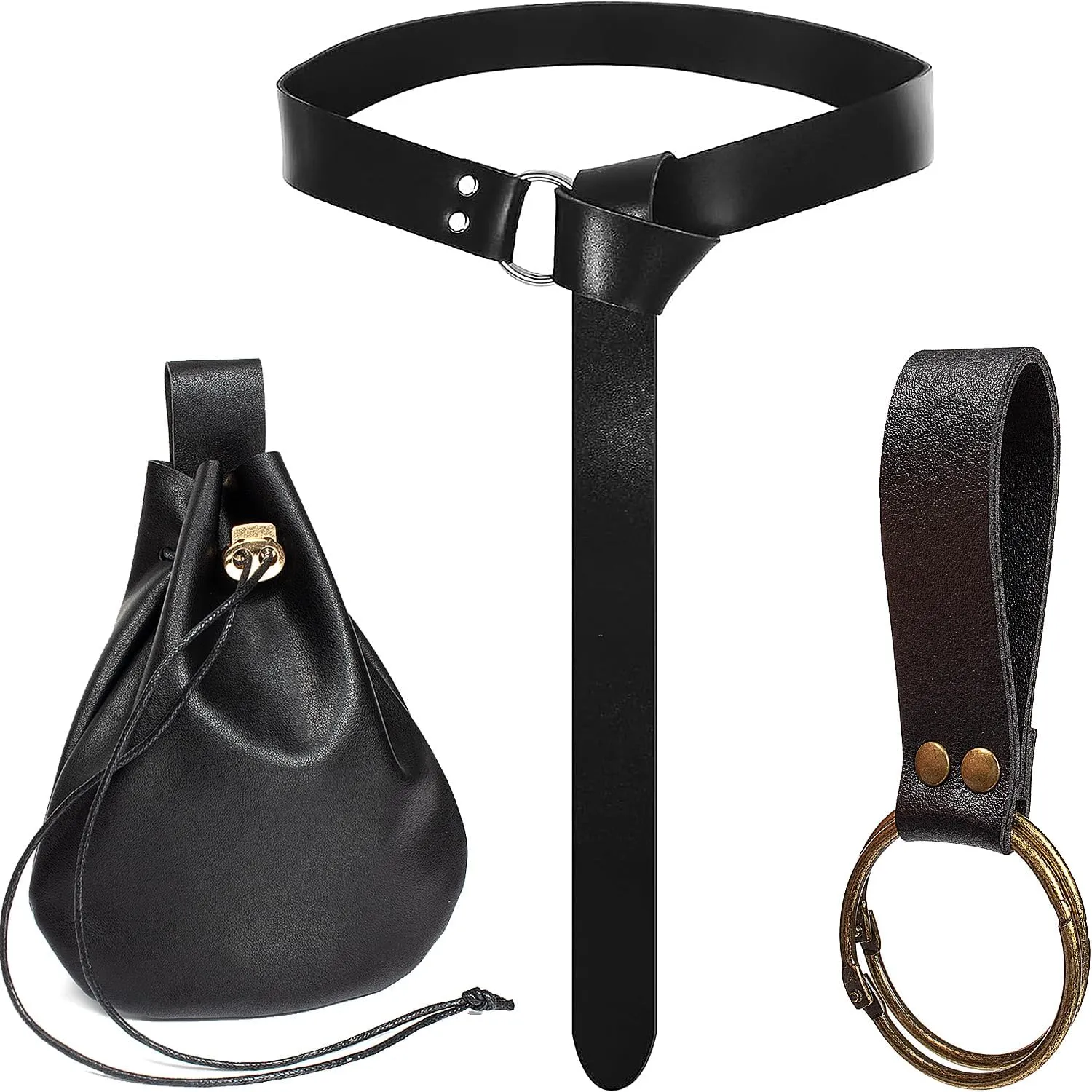 3 Pcs Halloween Renaissance Belt Pouch Coin Purse Phone Holder Skirt Hikes Medieval Viking Pirate Leather Belt Costume Sets (Black)