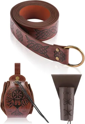 3 Pcs Medieval Belt, Viking Knight Belt of Renaissance, Halloween Sword Frog Leather Belt Pouch Medieval Bag Renaissance Accessories Brown