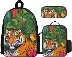 3 Pcs Rucksacks King Of The Tiger Tropical Rainforest Landscape Jungle Parrot Birds Art Camping Outdoor Backpack Sets - Large Capacity Multipurpose Business Anti-Theft Carry On Bag for Adults
