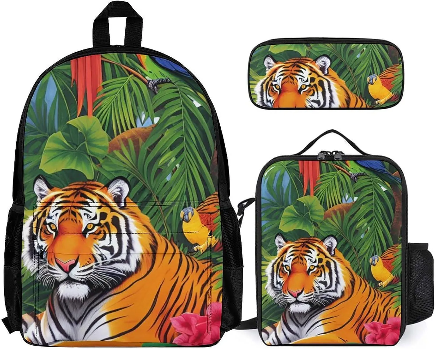3 Pcs Rucksacks King Of The Tiger Tropical Rainforest Landscape Jungle Parrot Birds Art Camping Outdoor Backpack Sets - Large Capacity Multipurpose Business Anti-Theft Carry On Bag for Adults
