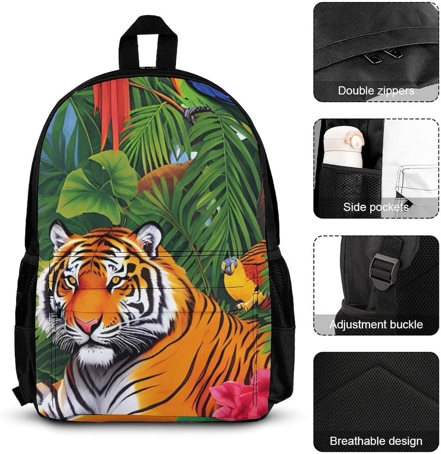 3 Pcs Rucksacks King Of The Tiger Tropical Rainforest Landscape Jungle Parrot Birds Art Camping Outdoor Backpack Sets - Large Capacity Multipurpose Business Anti-Theft Carry On Bag for Adults