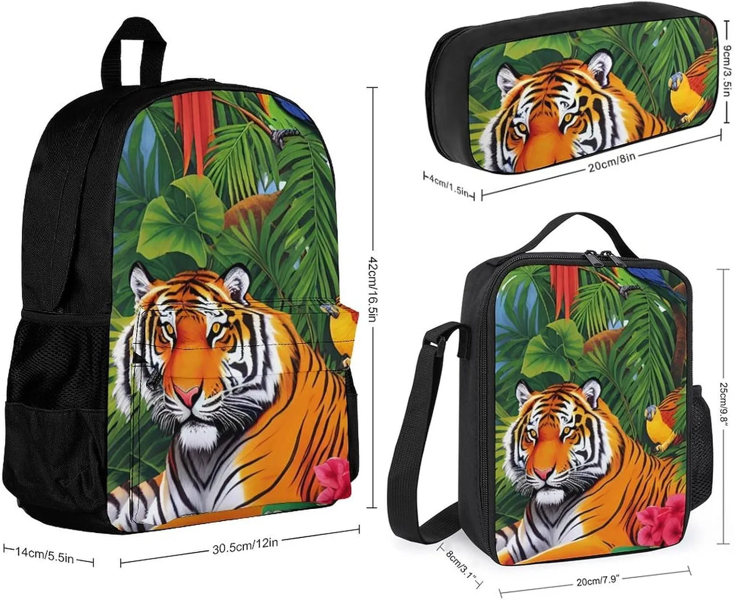 3 Pcs Rucksacks King Of The Tiger Tropical Rainforest Landscape Jungle Parrot Birds Art Camping Outdoor Backpack Sets - Large Capacity Multipurpose Business Anti-Theft Carry On Bag for Adults