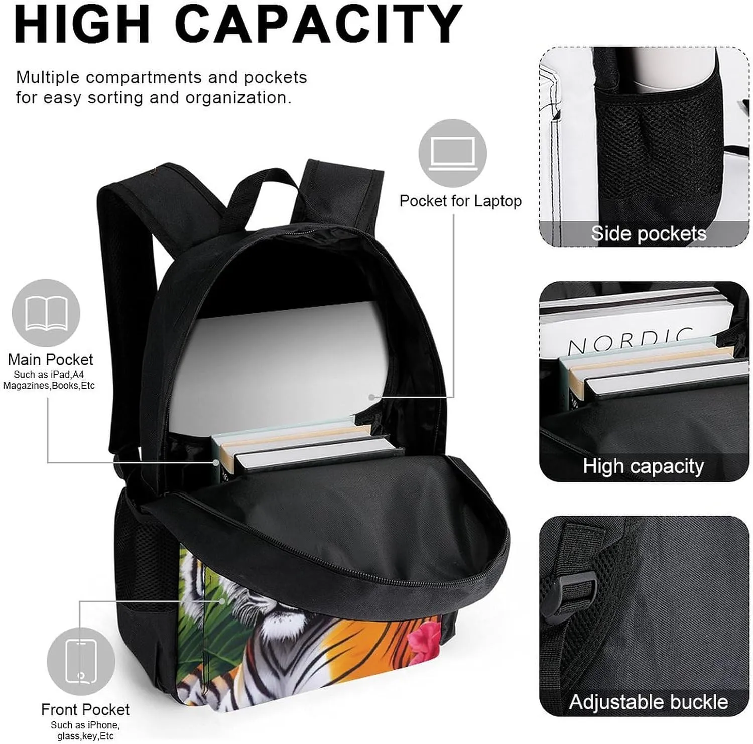 3 Pcs Rucksacks King Of The Tiger Tropical Rainforest Landscape Jungle Parrot Birds Art Camping Outdoor Backpack Sets - Large Capacity Multipurpose Business Anti-Theft Carry On Bag for Adults