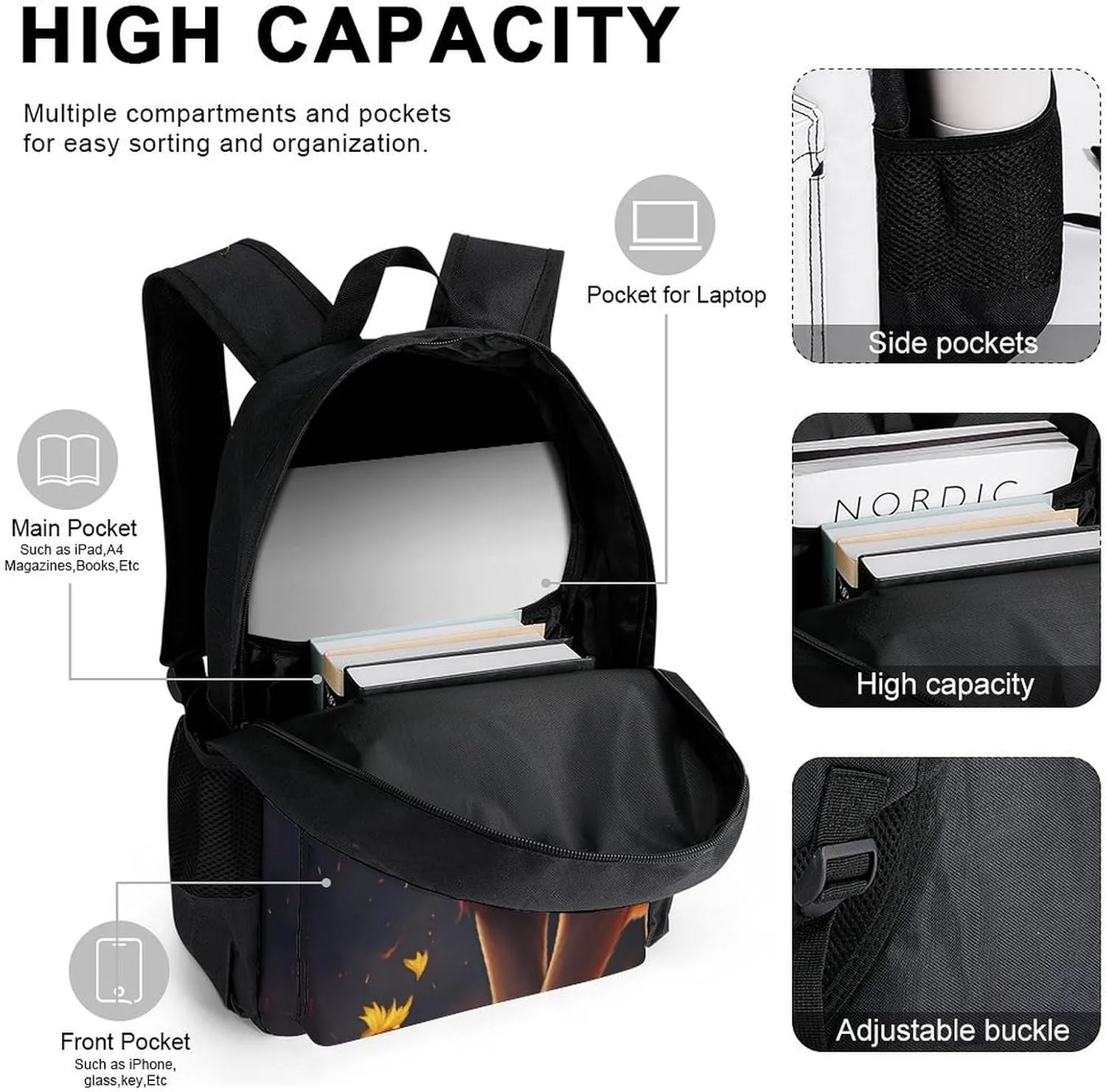 3 Piece Rucksacks Cool Lion Fire Surreal Style Art Camping Outdoor Backpack Sets - Large Capacity Carry On Bag Lunch Bag Pencil Case for Women Men