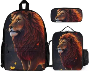 3 Piece Rucksacks Cool Lion Fire Surreal Style Art Camping Outdoor Backpack Sets - Large Capacity Carry On Bag Lunch Bag Pencil Case for Women Men
