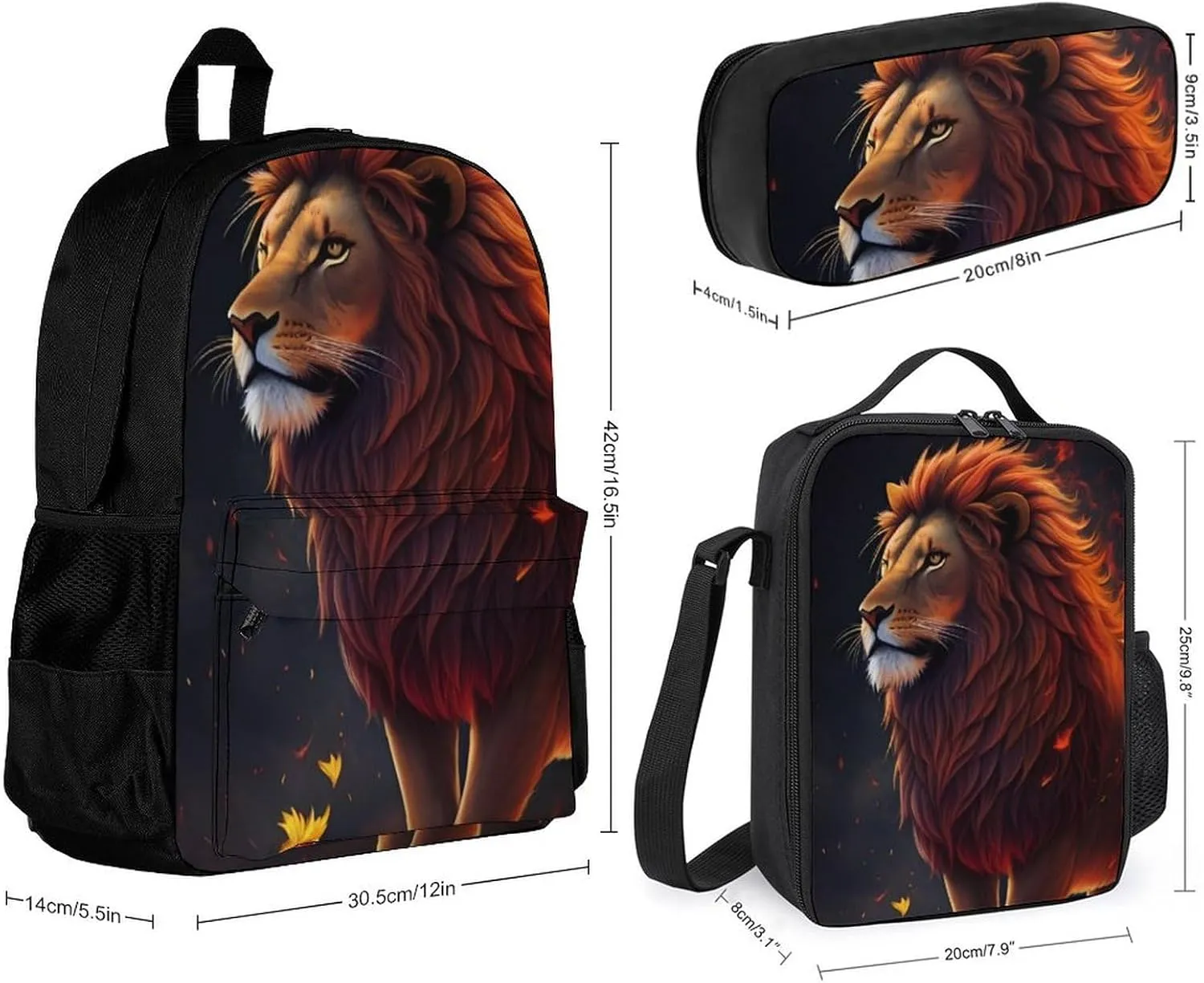 3 Piece Rucksacks Cool Lion Fire Surreal Style Art Camping Outdoor Backpack Sets - Large Capacity Carry On Bag Lunch Bag Pencil Case for Women Men