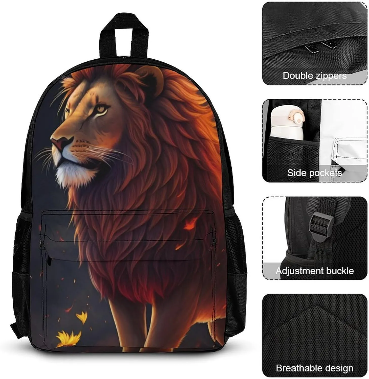 3 Piece Rucksacks Cool Lion Fire Surreal Style Art Camping Outdoor Backpack Sets - Large Capacity Carry On Bag Lunch Bag Pencil Case for Women Men