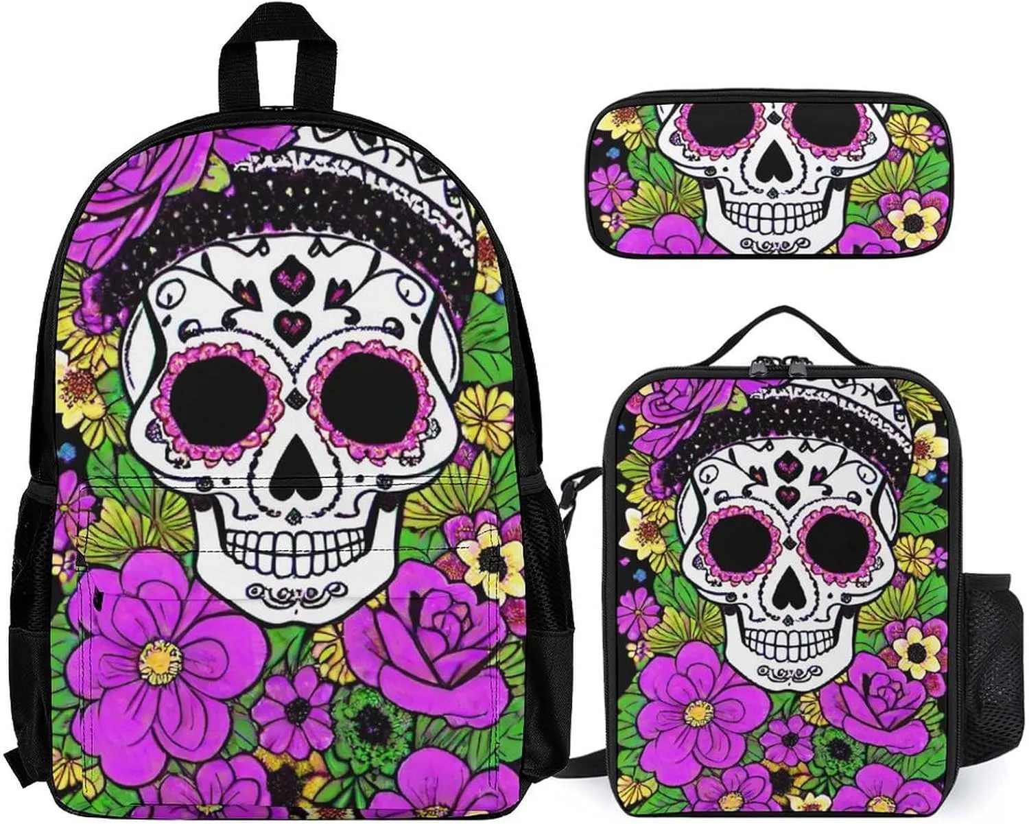 3 Piece Rucksacks Sets, Grunge Mexican Sugar Skulls Day Of The Dead Flowers Art Shoulder Bag Lunch Bag Pencil Case, Daypack Backpack, Travel and Sport Backpack Rucksack, Book Bag
