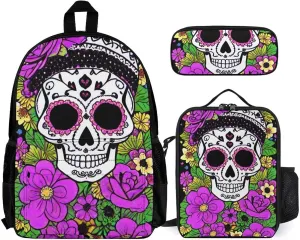 3 Piece Rucksacks Sets, Grunge Mexican Sugar Skulls Day Of The Dead Flowers Art Shoulder Bag Lunch Bag Pencil Case, Daypack Backpack, Travel and Sport Backpack Rucksack, Book Bag