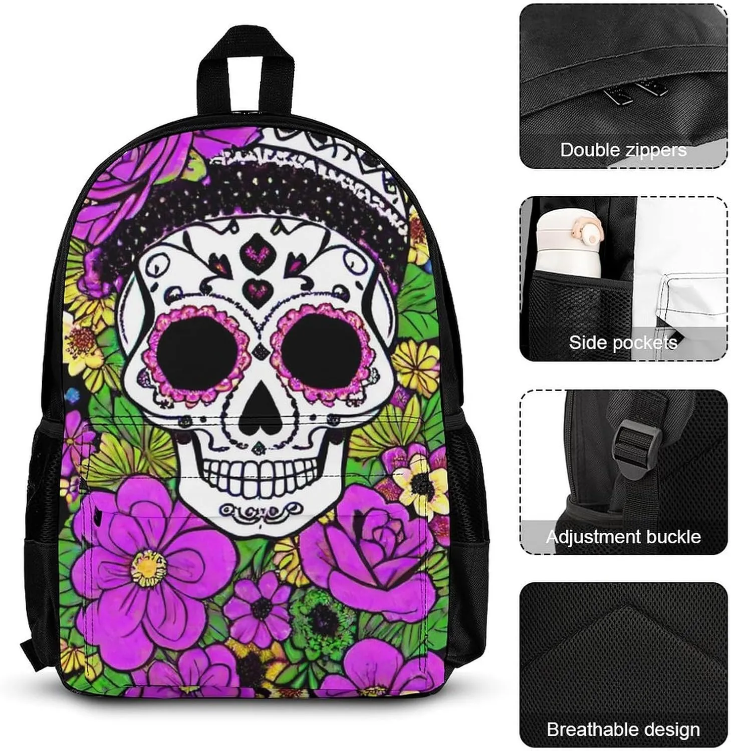 3 Piece Rucksacks Sets, Grunge Mexican Sugar Skulls Day Of The Dead Flowers Art Shoulder Bag Lunch Bag Pencil Case, Daypack Backpack, Travel and Sport Backpack Rucksack, Book Bag