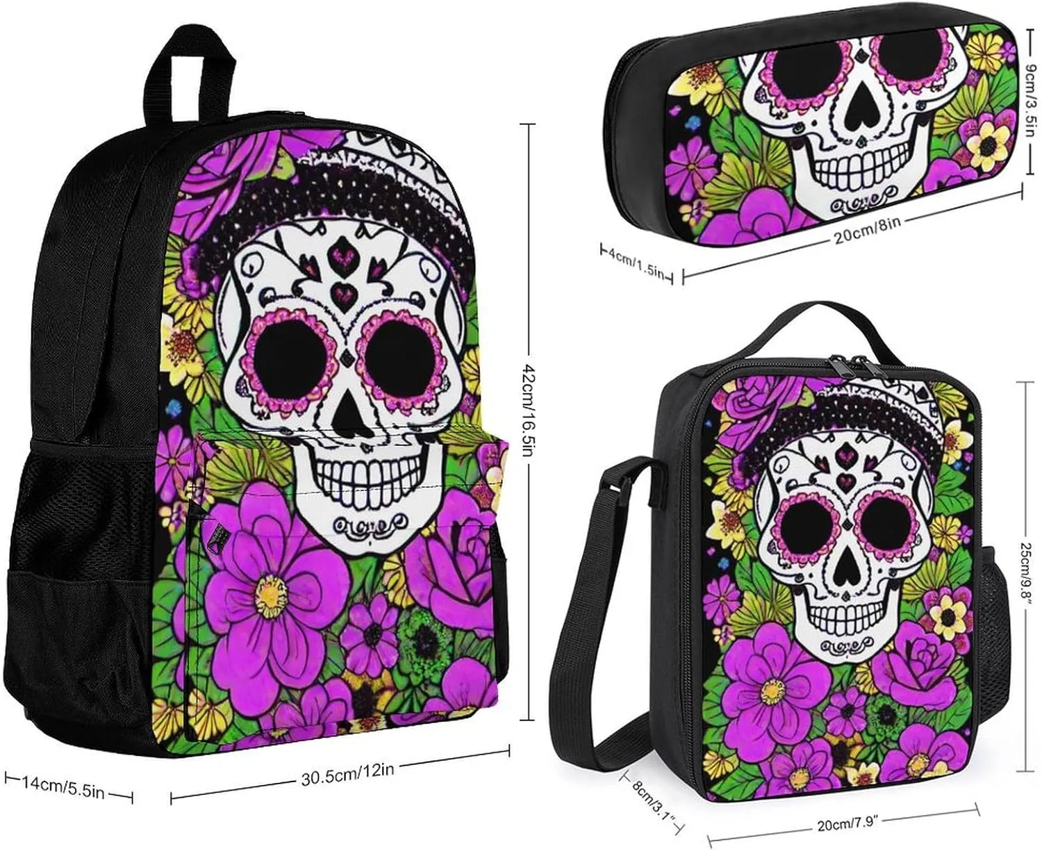 3 Piece Rucksacks Sets, Grunge Mexican Sugar Skulls Day Of The Dead Flowers Art Shoulder Bag Lunch Bag Pencil Case, Daypack Backpack, Travel and Sport Backpack Rucksack, Book Bag