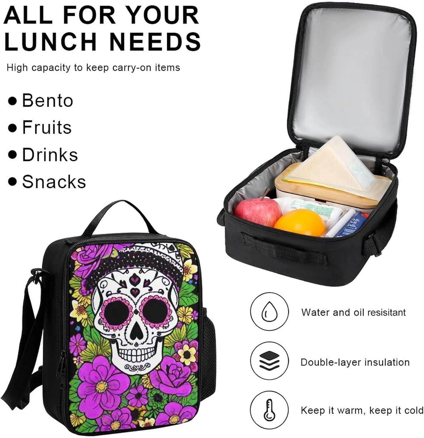 3 Piece Rucksacks Sets, Grunge Mexican Sugar Skulls Day Of The Dead Flowers Art Shoulder Bag Lunch Bag Pencil Case, Daypack Backpack, Travel and Sport Backpack Rucksack, Book Bag