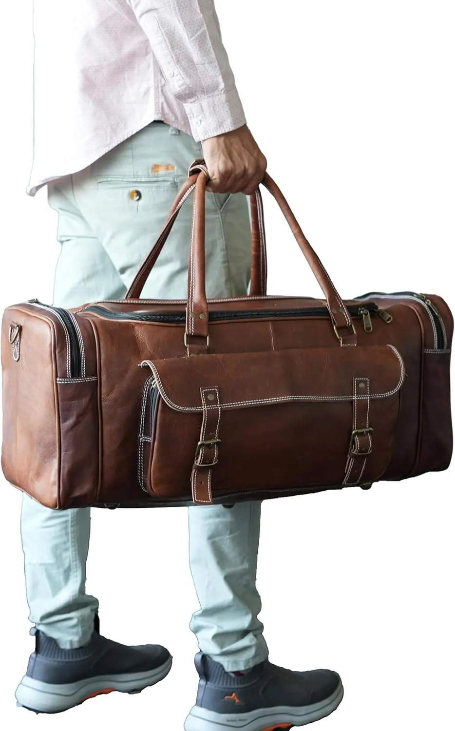 32 inch Duffel Bags for Men, Handmade Vintage Holdall Distressed Leather Luggage Travel Bag Overnight Gym Sports Weekend Overnight Carryon Hand Bag, Brown