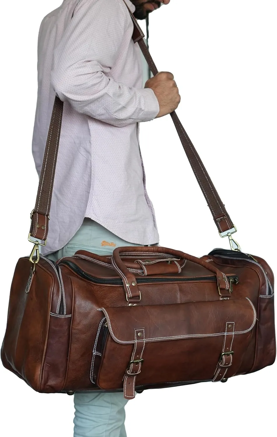 32 inch Duffel Bags for Men, Handmade Vintage Holdall Distressed Leather Luggage Travel Bag Overnight Gym Sports Weekend Overnight Carryon Hand Bag, Brown