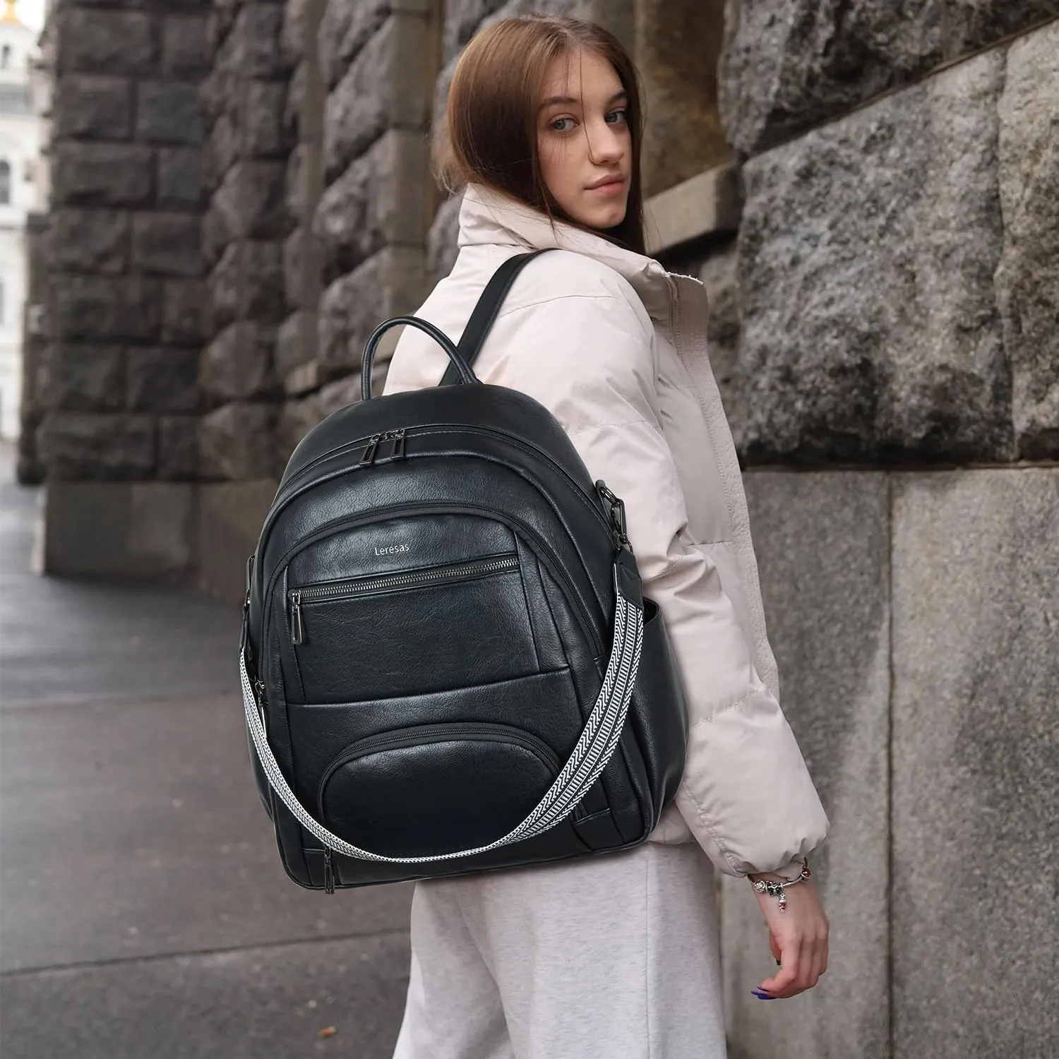 35L Backpack Purse for Women Men Large Travel Backpack for Work College Back Pack Bag Vegan Leather Fashion Black