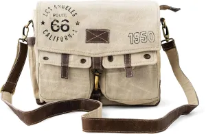 3B-Route 66Upcycled Vintage Military Leather Canvas Shoulder Bag Laptop Messenger Bags Medium Crossbody Purse with 2 Straps