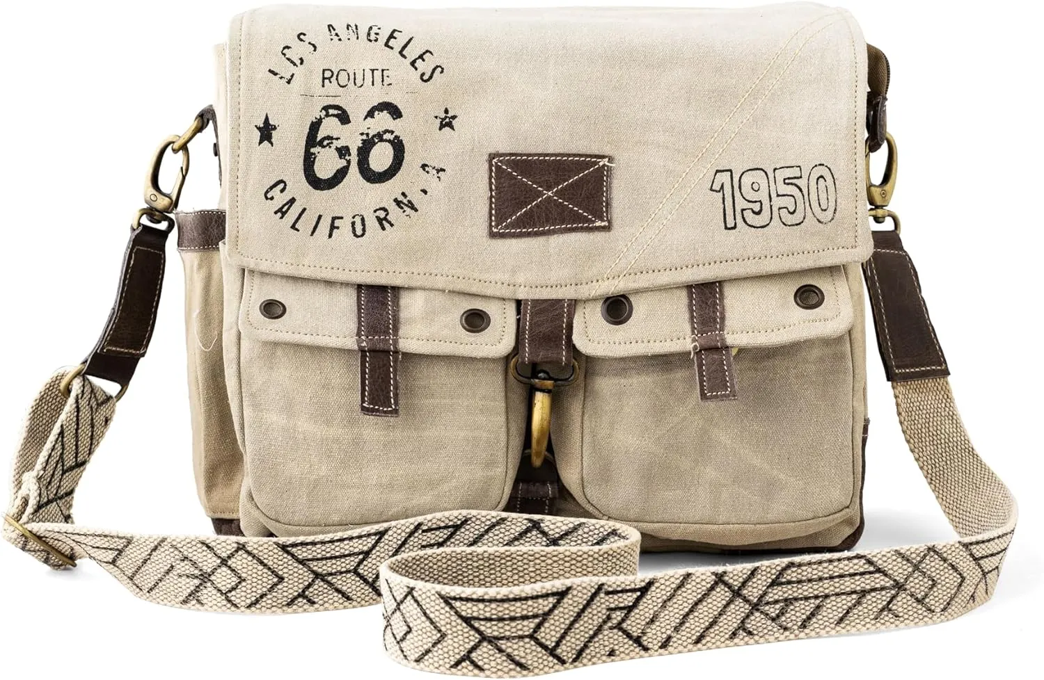 3B-Route 66Upcycled Vintage Military Leather Canvas Shoulder Bag Laptop Messenger Bags Medium Crossbody Purse with 2 Straps