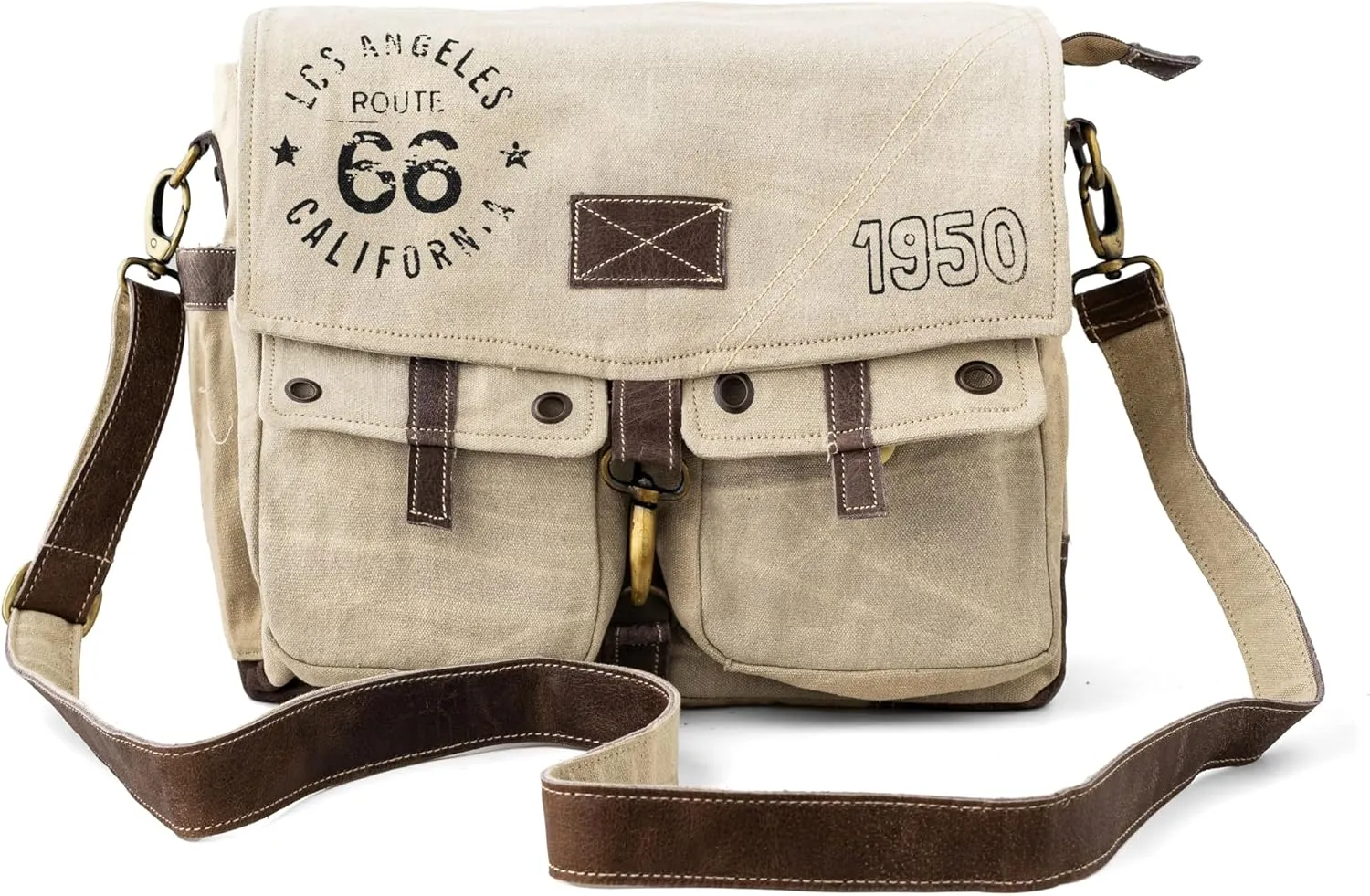 3B-Route 66Upcycled Vintage Military Leather Canvas Shoulder Bag Laptop Messenger Bags Medium Crossbody Purse with 2 Straps