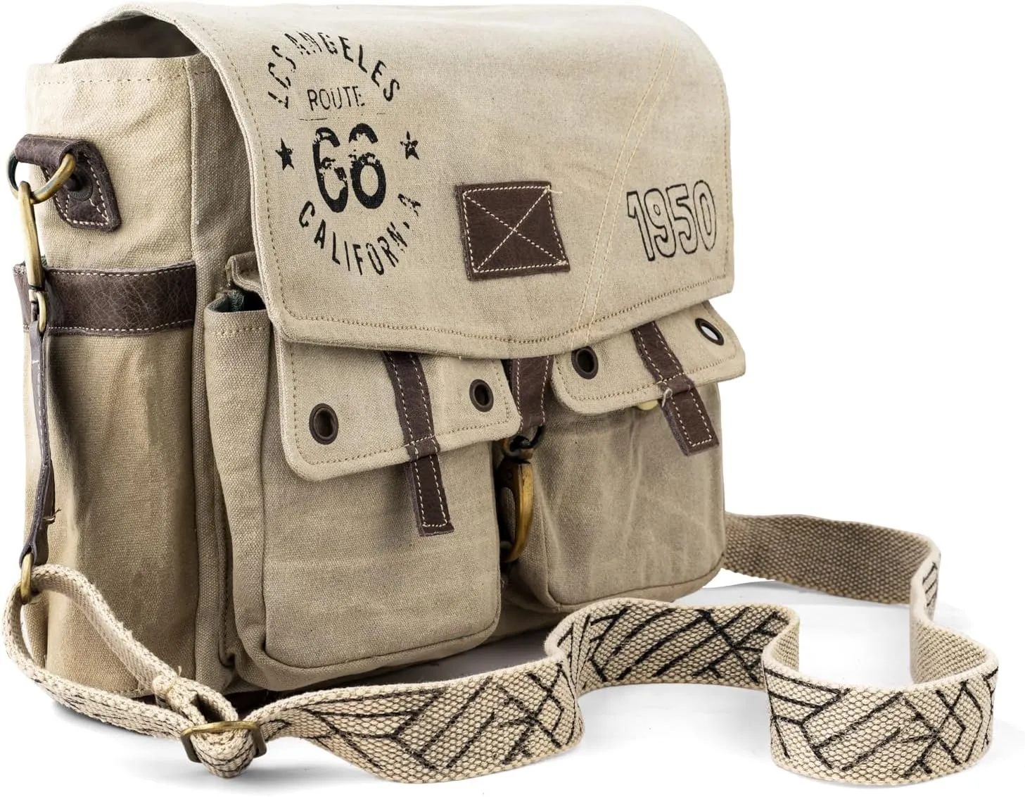 3B-Route 66Upcycled Vintage Military Leather Canvas Shoulder Bag Laptop Messenger Bags Medium Crossbody Purse with 2 Straps