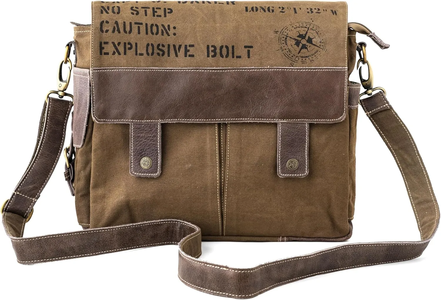 3B-Upcycled Vintage Military Leather Canvas Shoulder Bag Laptop Messenger Bags Medium Crossbody Purse, Boho Bag with 2 Straps